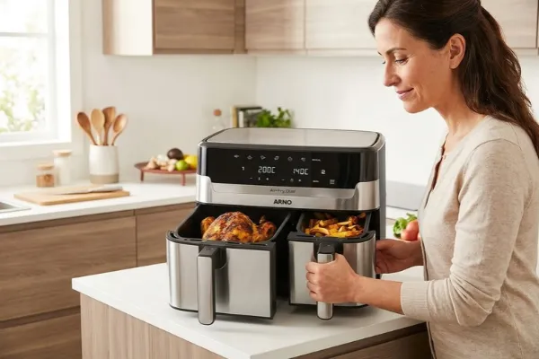 airfryer arno dual vale a pena irfryer Arno Dual vale a pena? Mulher abrindo os dois cestos na cozinha