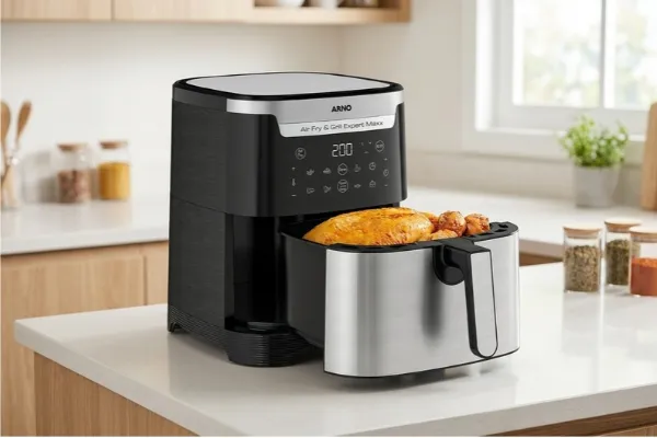 airfryer-arno-expert-com-grill-compensa Airfryer Arno Expert com grill compensa? Modelo AFD6 de 6,5 litros na cozinha