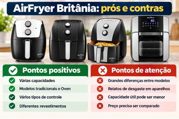 quadro de airfryer britania mostrando pós e contra 