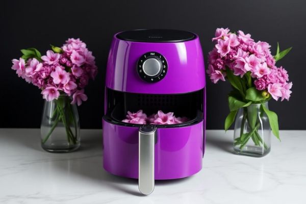 airfryer lilas com rosas lilás ao lado e dentro dela mesma