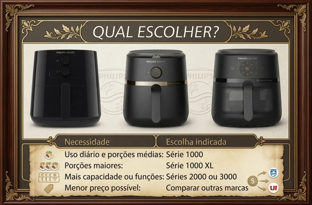 airfryer philips walita qual escolher Comparação entre as séries 1000, 2000 e 3000 de airfryer Philips Walita, ajudando a decidir se a airfryer Philips Walita é boa para cada perfil de uso