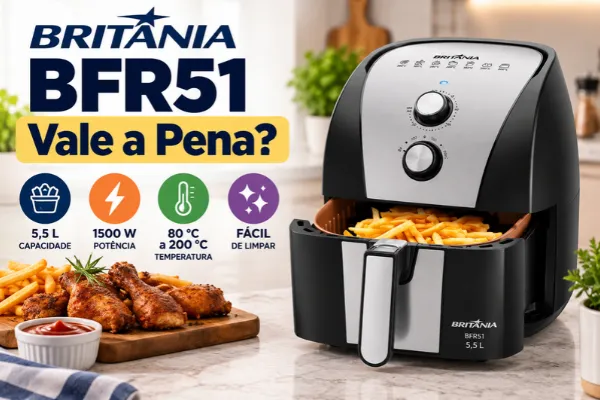 Britânia BFR51 vale a pena? Airfryer Britânia BFR51 de 5,5 litros com cesto aberto.