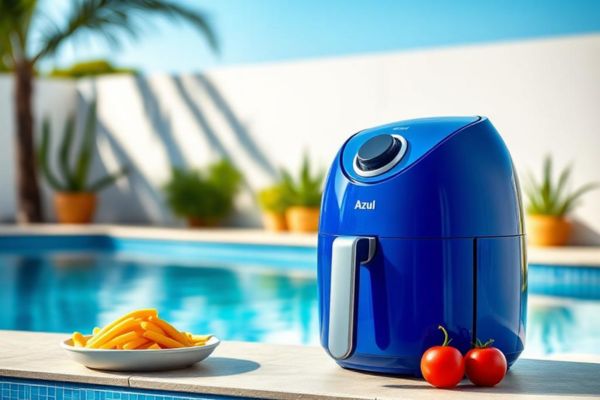 airfryer azul com prato de batata frita, dois tomates e uma piscina no fundo