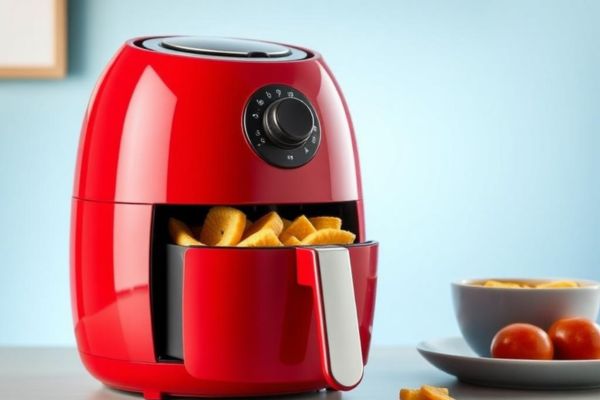 airfryer vermelha aberta com alimento amarelo em cima de uma mesa com dois tomates