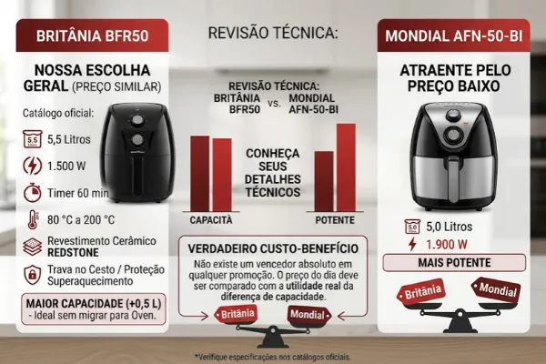 melhor air fryer para custo benefício Fotografia publicitária de cinco air fryers alinhadas sobre bancada clara: Mondial Oven central, ladeada por modelos Philips, Mondial e Britânia.
