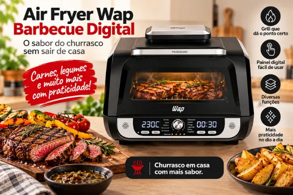 Air Fryer WAP é boa? Modelo Barbecue Digital com painel de controle, função grill e carnes grelhadas para churrasco em casa.