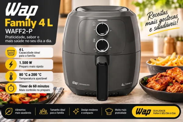 Air Fryer WAP é boa? Modelo Family 4 L WAFF2-P com 1.500 W, temperatura ajustável e timer de 60 minutos.
