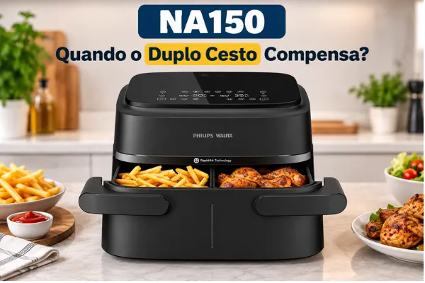 airfryer-philips-walita-na150-duplo-cesto Comprar Airfryer Philips Walita NA150 com duplo cesto para preparar dois alimentos ao mesmo tempo.