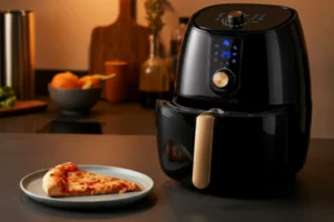uma air fryer preta com uma pizza ao lado em cima de um prato