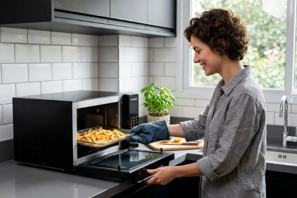 Como funciona um microondas com airfryer Brastemp preparando batatas crocantes na cozinha.