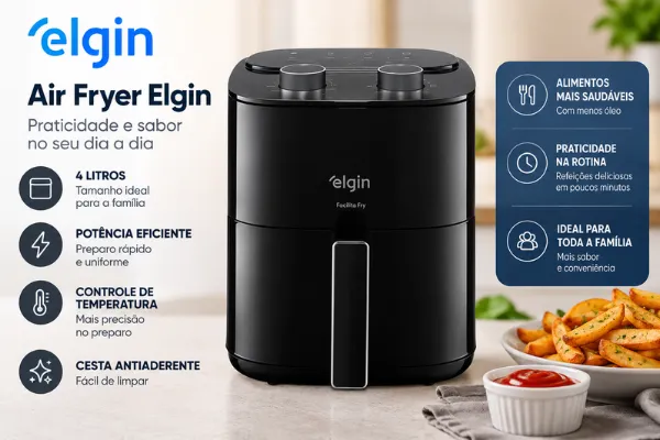 Air Fryer Elgin preta com controle de temperatura