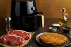 dois contra filé, uma air frye em cima de uma mesa