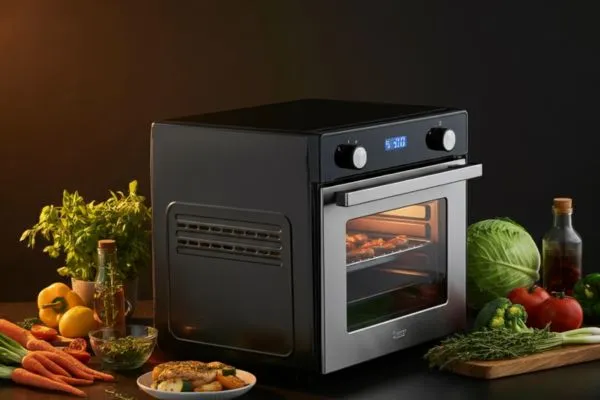 Forno com Air Fryer com legumes em volta