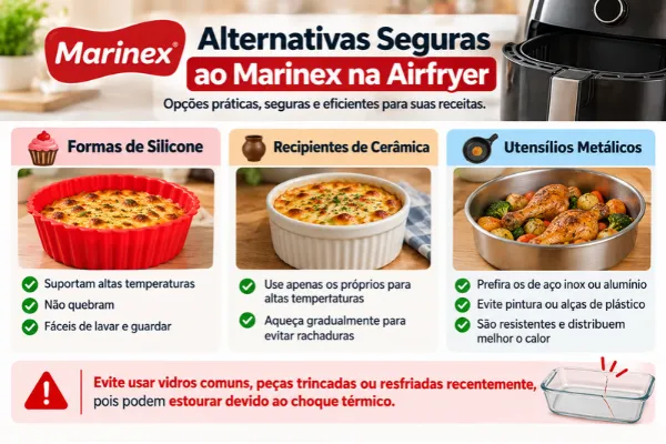 Alternativas Seguras ao Marinex na Airfryer Alternativas seguras ao Marinex na airfryer: formas de silicone, recipientes de cerâmica e utensílios metálicos, com cuidados para evitar quebras.