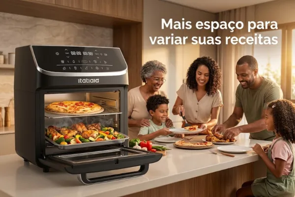 Air Fryer Itatiaia Oven 12 litros preparando pizza, frango e legumes