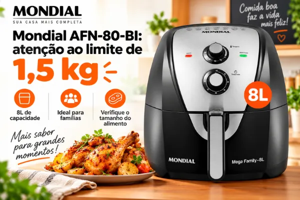 air fryer mondial que assa o frango inteiro Air fryer que assa o frango inteiro Mondial AFN-80-BI, com capacidade de 8 litros e limite de peso de 1,5 kg.