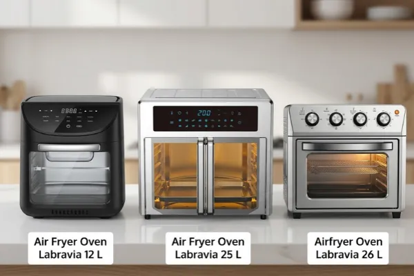 Air Fryer Oven Labravia de 12 L, 25 L e 26 L comparadas lado a lado.