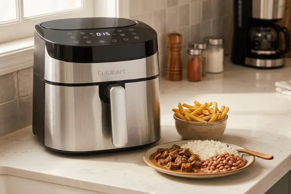 Airfryer Cuisinart vale a pena? Modelo digital em inox preparando uma refeição