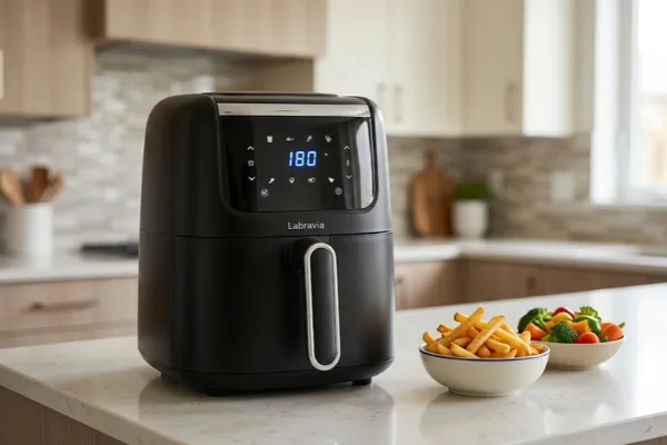 Airfryer Labravia Digital 4,5 L compacta sobre a bancada da cozinha.