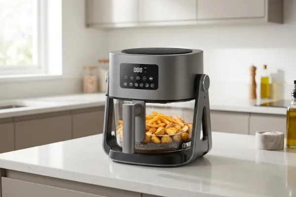 Airfryer Labravia Rotativa 5 L com alimentos girando no cesto transparente.