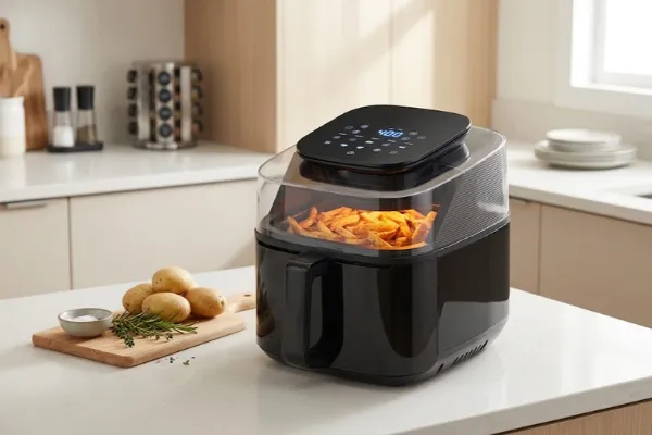 Airfryer Labravia Top Window 5 L com alimento visível pelo visor superior.