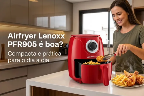 Airfryer Lenoxx Easy Red PFR905 em cozinha moderna com alimentos preparados.