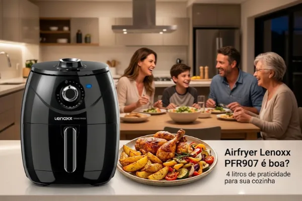 Airfryer Lenoxx PFR907 em cozinha moderna com frango, batatas e legumes preparados.