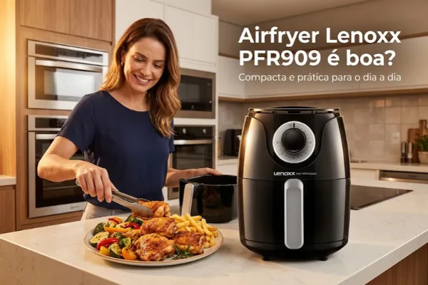 Airfryer Lenoxx PFR909 em cozinha moderna com alimentos preparados.