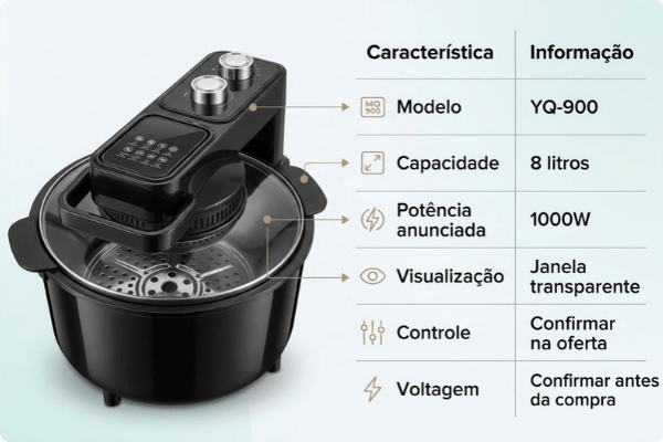 airfryer-yq-900-vale-a-pena-ficha-tecnica Airfryer YQ-900 vale a pena? Ficha técnica com modelo, capacidade de 8 litros, potência de 1000W, visualização por janela transparente e controle
