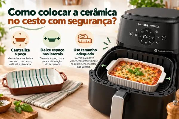 Como colocar a cerâmica no cesto com segurança? Imagem mostra travessa centralizada na airfryer, com espaço nas laterais e tamanho adequado.