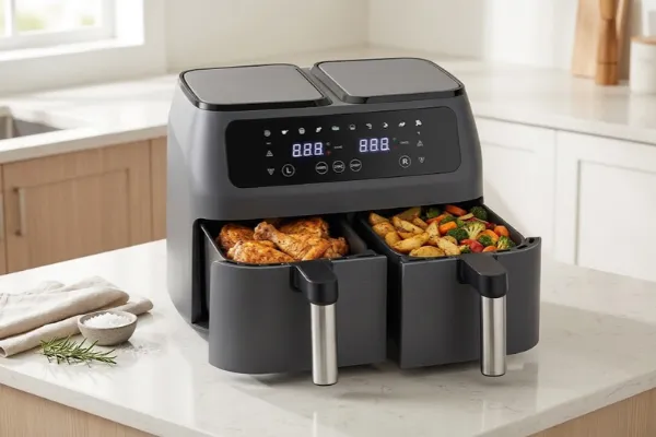 Dual Airfryer Labravia 8 L preparando alimentos diferentes em dois cestos.
