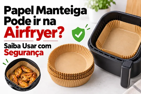 Papel manteiga pode ir na airfryer com segurança, com formas de papel dentro do cesto e exemplo de uso no preparo de alimentos.