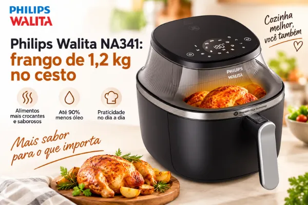 philips walita que assa frango inteiro Airfryer que assa frango inteiro Philips Walita NA341, com frango de 1,2 kg no cesto e painel digital.