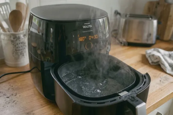 Pode esquentar agua na airfryer? Fritadeira elétrica (Airfryer) aberta na bancada da cozinha, cheia de água fervente e soltando vapor.