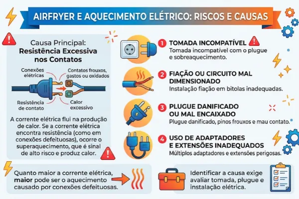 porque a tomada da airfryer esquenta Infográfico que explica os riscos e causas do aquecimento em airfryers, destacando a resistência por conexões frouxas. Aponta como causas adicionais a fiação mal dimensionada, tomadas incompatíveis, plugues danificados e o uso de adaptadores.