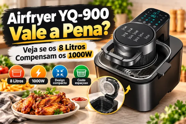Airfryer YQ-900 vale a pena? Imagem mostra o modelo de 8 litros com destaque para capacidade, potência de 1000W e proposta de uso.