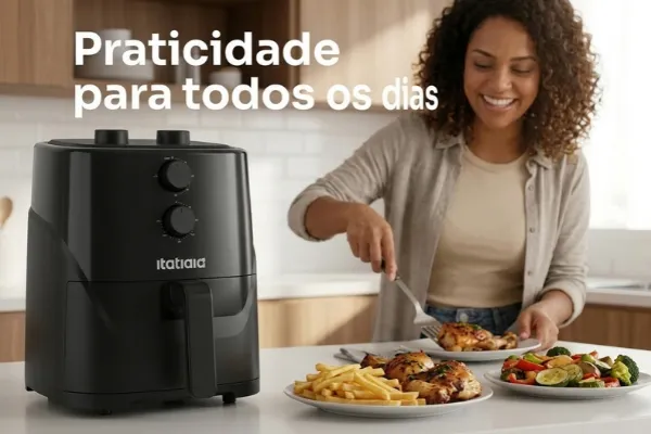 Air Fryer Itatiaia 3,5 litros em uma cozinha com alimentos preparados