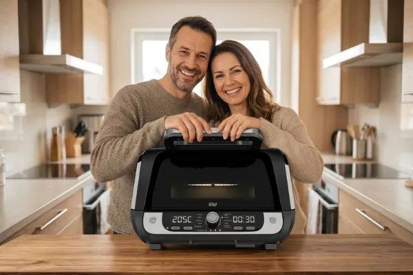 Casal sorrindo com a WAP Barbecue na cozinha