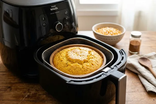 bolo de milho na airfryer e ao lado uma vasilha com milho